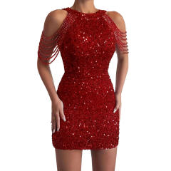 Sexy fashion halter neck tassel bodycon sequin dress short dress