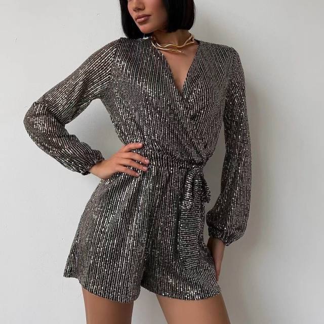 Festival party fashion sequined long sleeve rompers jumpsuit
