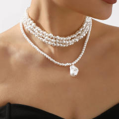 Elegant simple multi-layer pearl necklace choker necklace