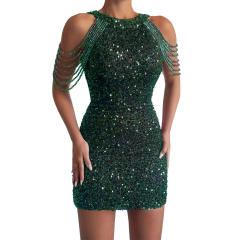 Sexy fashion halter neck tassel bodycon sequin dress short dress