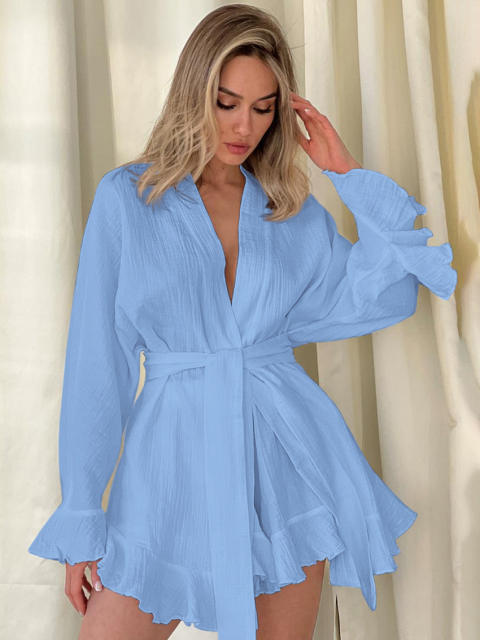 New Cotton Crepe Casual Lazy Vacation long sleeve tops shorts set suit