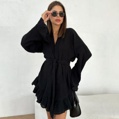 New Cotton Crepe Casual Lazy Vacation long sleeve tops shorts set suit