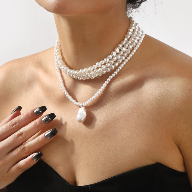 Elegant simple multi-layer pearl necklace choker necklace