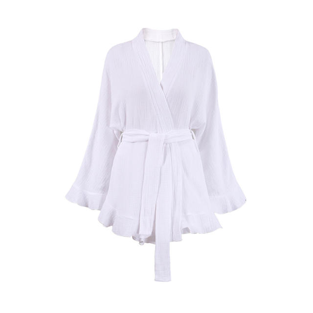 New Cotton Crepe Casual Lazy Vacation long sleeve tops shorts set suit