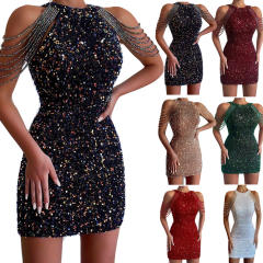 Sexy fashion halter neck tassel bodycon sequin dress short dress
