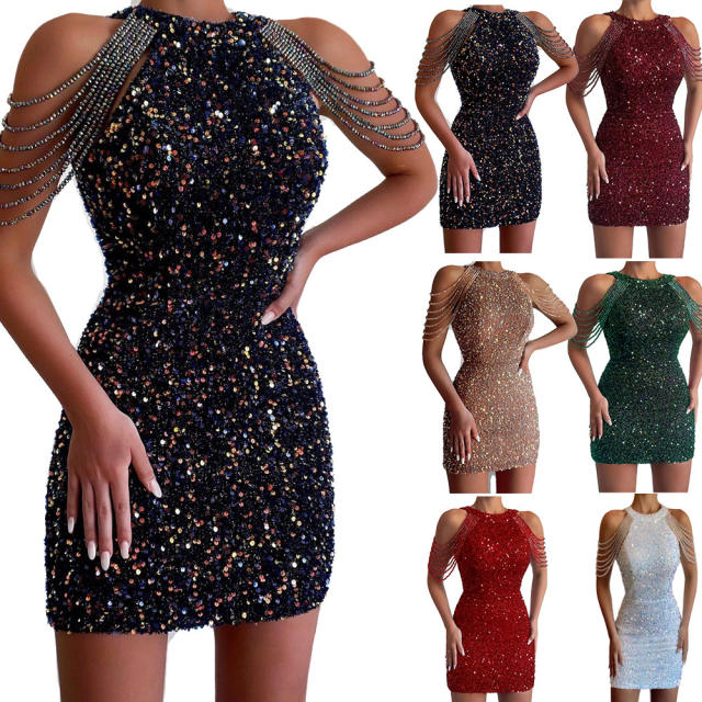 Sexy fashion halter neck tassel bodycon sequin dress short dress