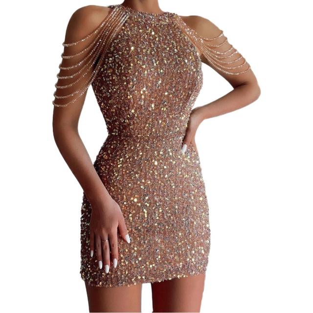 Sexy fashion halter neck tassel bodycon sequin dress short dress