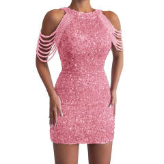 Sexy fashion halter neck tassel bodycon sequin dress short dress