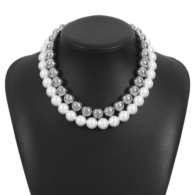 Exaggerated double-layer beaded necklace imitation pearl CCB beads choker necklace