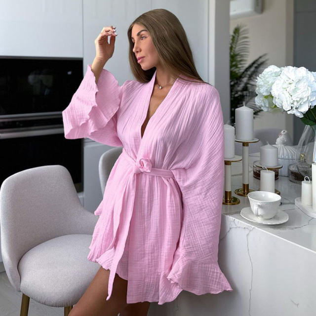 New Cotton Crepe Casual Lazy Vacation long sleeve tops shorts set suit