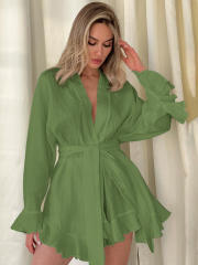 New Cotton Crepe Casual Lazy Vacation long sleeve tops shorts set suit