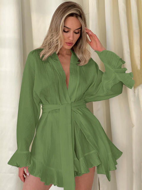 New Cotton Crepe Casual Lazy Vacation long sleeve tops shorts set suit