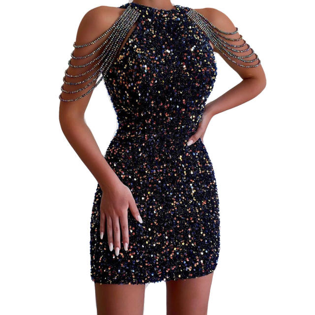 Sexy fashion halter neck tassel bodycon sequin dress short dress