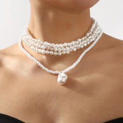 Elegant simple multi-layer pearl necklace choker necklace