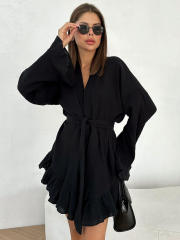 New Cotton Crepe Casual Lazy Vacation long sleeve tops shorts set suit