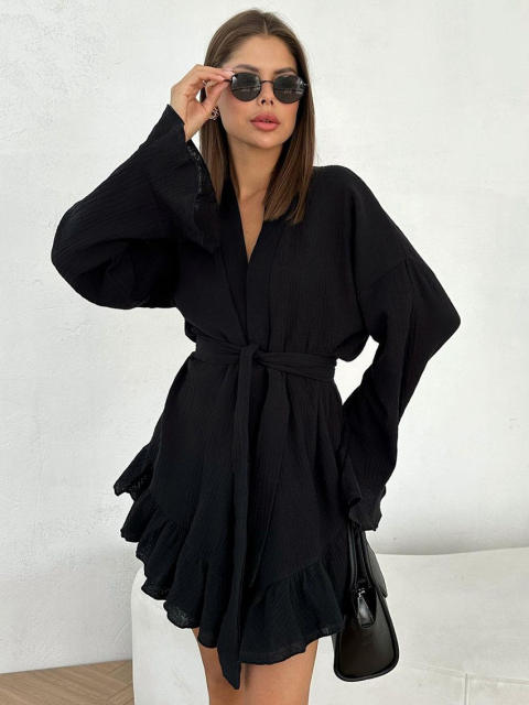 New Cotton Crepe Casual Lazy Vacation long sleeve tops shorts set suit