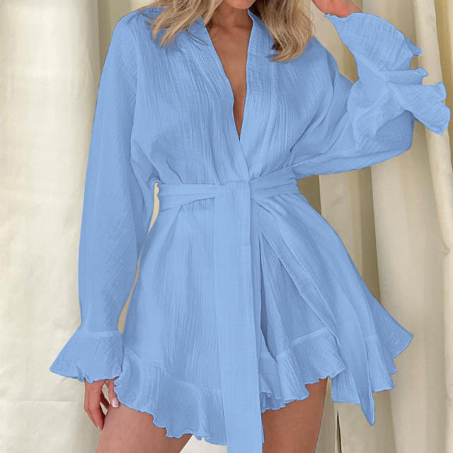 New Cotton Crepe Casual Lazy Vacation long sleeve tops shorts set suit