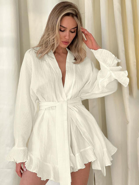 New Cotton Crepe Casual Lazy Vacation long sleeve tops shorts set suit