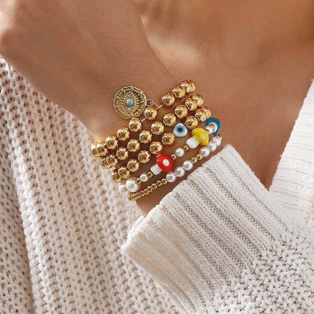 Vintage evil Eye CCB Beaded Bracelet Bohemian Creative Mushroom Stacked Bracelet for Women
