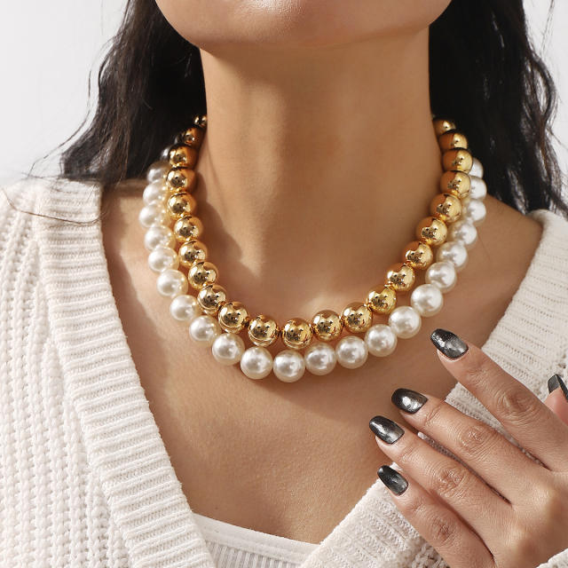 Exaggerated double-layer beaded necklace imitation pearl CCB beads choker necklace