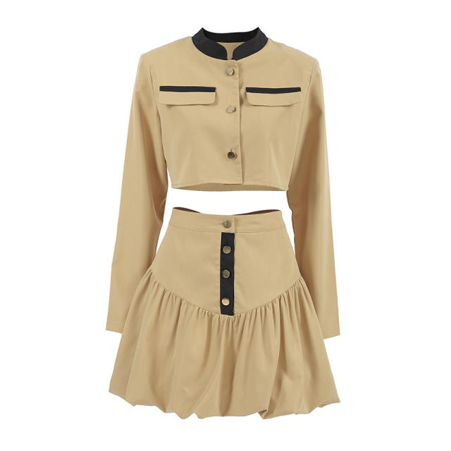 Personalized High Waist Solid Color Fashion Casual suit long sleeve crop tops skirt suit