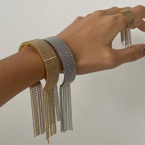 Personality mix color tiny bead chain tassel stainless steel cuff bangle rings set