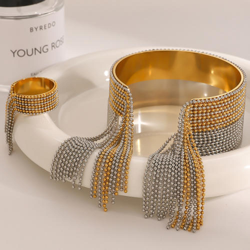 Personality mix color tiny bead chain tassel stainless steel cuff bangle rings set