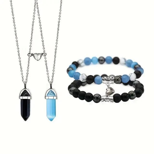 Jewelry suit 4-piece Set Natural Stone Couple Love Magnet Suction Bracelet Hexagonal Column Necklace
