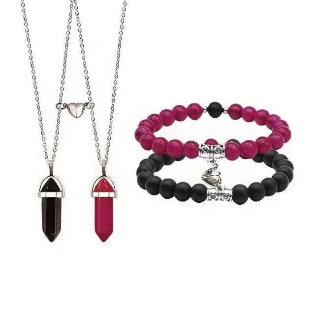 Jewelry suit 4-piece Set Natural Stone Couple Love Magnet Suction Bracelet Hexagonal Column Necklace
