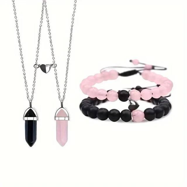 Jewelry suit 4-piece Set Natural Stone Couple Love Magnet Suction Bracelet Hexagonal Column Necklace