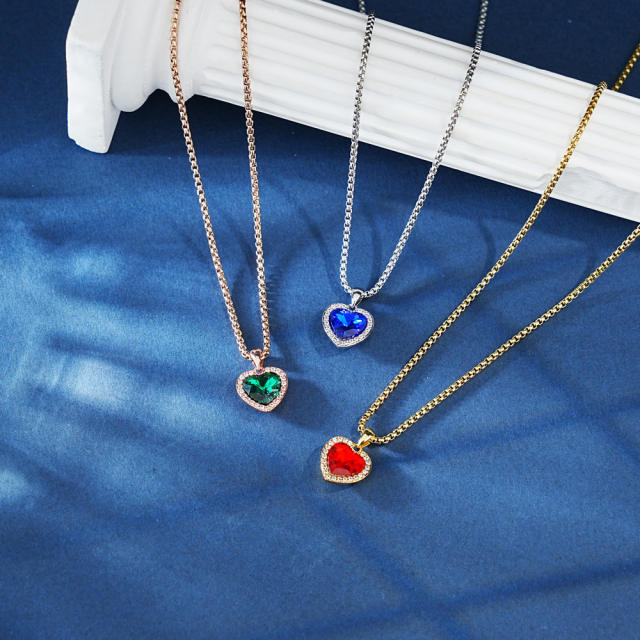 zircon ocean heart copper pendant necklace women DIY engrave letter birthsstone necklace