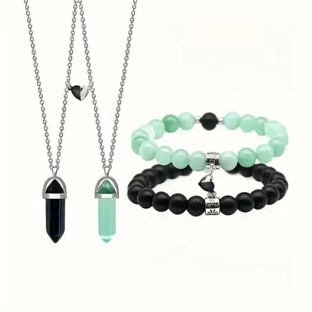 Jewelry suit 4-piece Set Natural Stone Couple Love Magnet Suction Bracelet Hexagonal Column Necklace