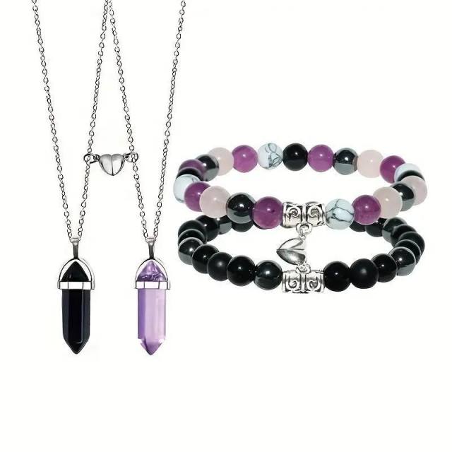 Jewelry suit 4-piece Set Natural Stone Couple Love Magnet Suction Bracelet Hexagonal Column Necklace