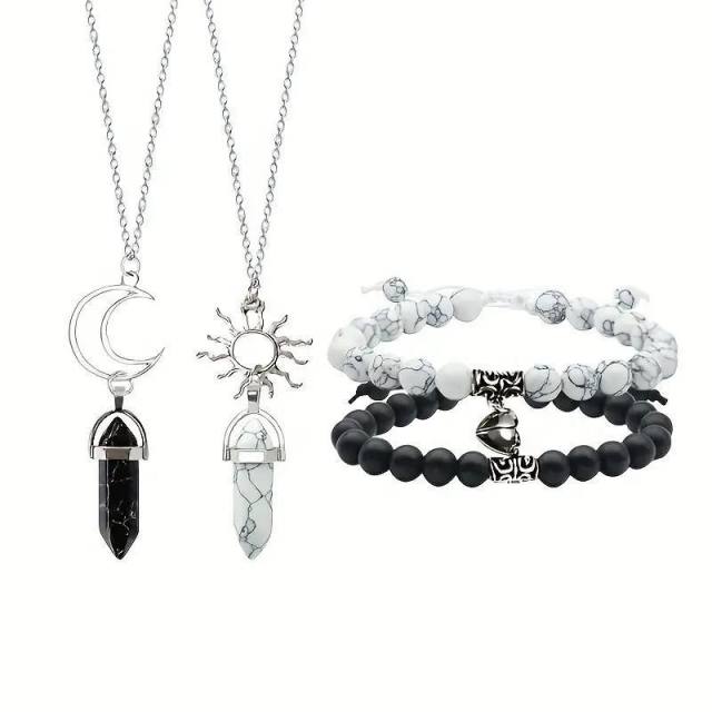 Jewelry suit 4-piece Set Natural Stone Couple Love Magnet Suction Bracelet Hexagonal Column Necklace