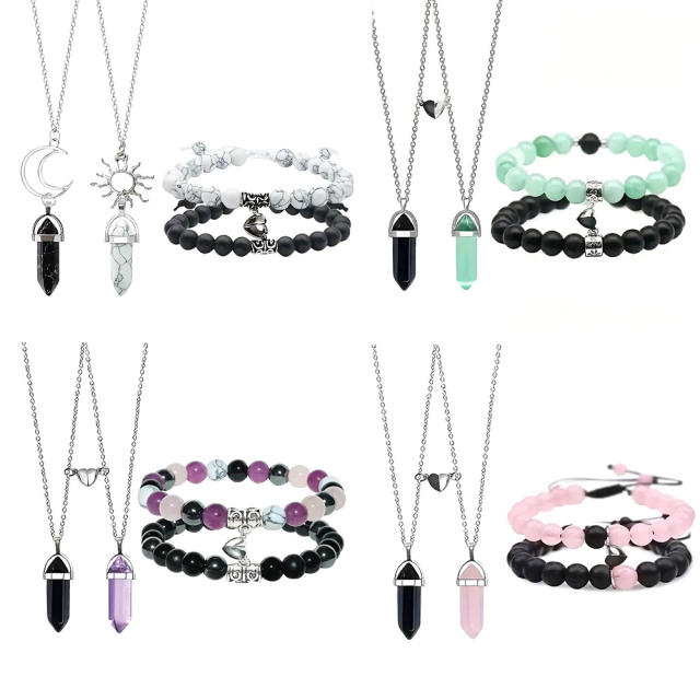 Jewelry suit 4-piece Set Natural Stone Couple Love Magnet Suction Bracelet Hexagonal Column Necklace