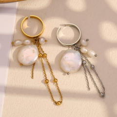 Boho baroque pearl chain tassel stainless steel finger rings
