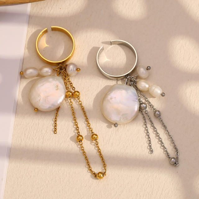 Boho baroque pearl chain tassel stainless steel finger rings