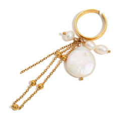 Boho baroque pearl chain tassel stainless steel finger rings