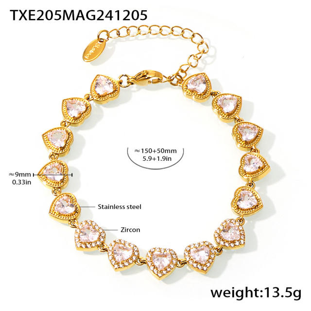 Delicate heart diamond tennis chain stainless steel necklace bracelet set