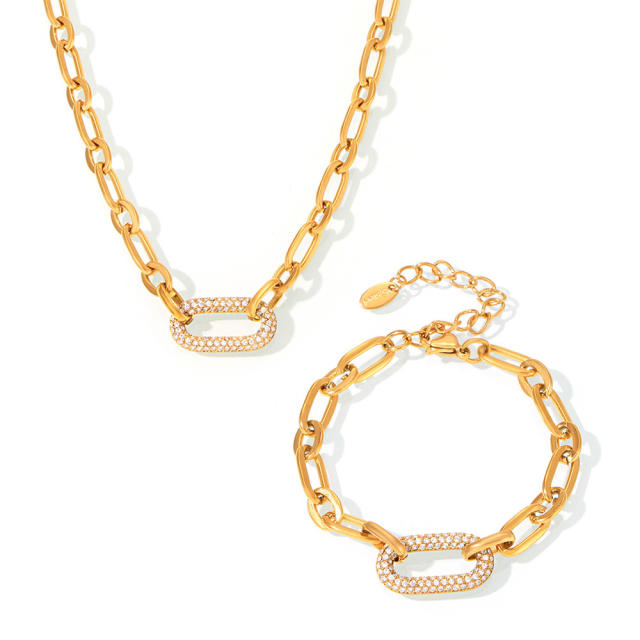 Delicate stainless steel paperclip chain diamond necklace bracelet set