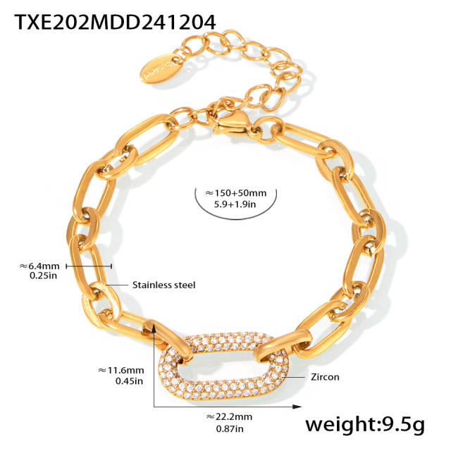 Delicate stainless steel paperclip chain diamond necklace bracelet set
