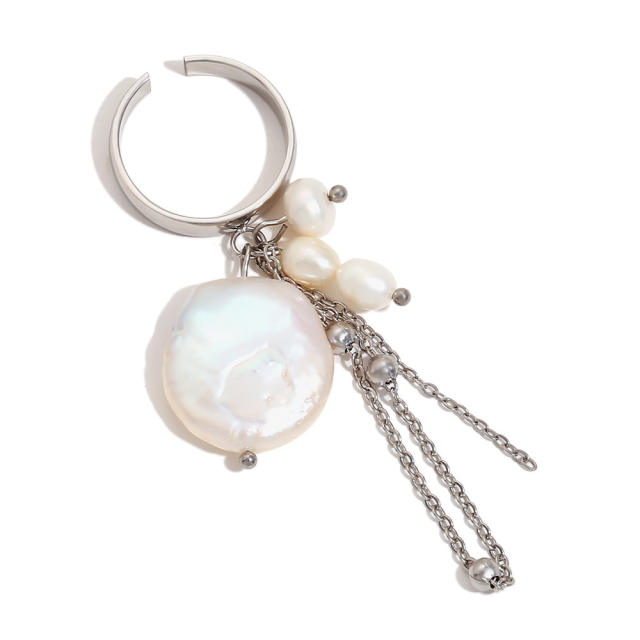 Boho baroque pearl chain tassel stainless steel finger rings