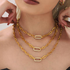 Delicate stainless steel paperclip chain diamond necklace bracelet set