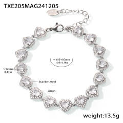 Delicate heart diamond tennis chain stainless steel necklace bracelet set