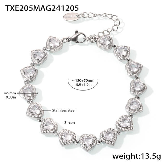 Delicate heart diamond tennis chain stainless steel necklace bracelet set