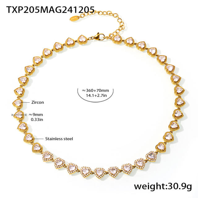 Delicate heart diamond tennis chain stainless steel necklace bracelet set
