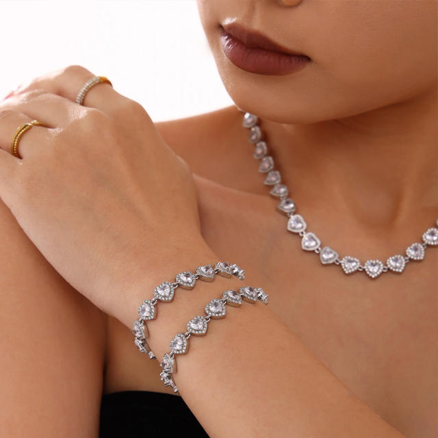 Delicate heart diamond tennis chain stainless steel necklace bracelet set