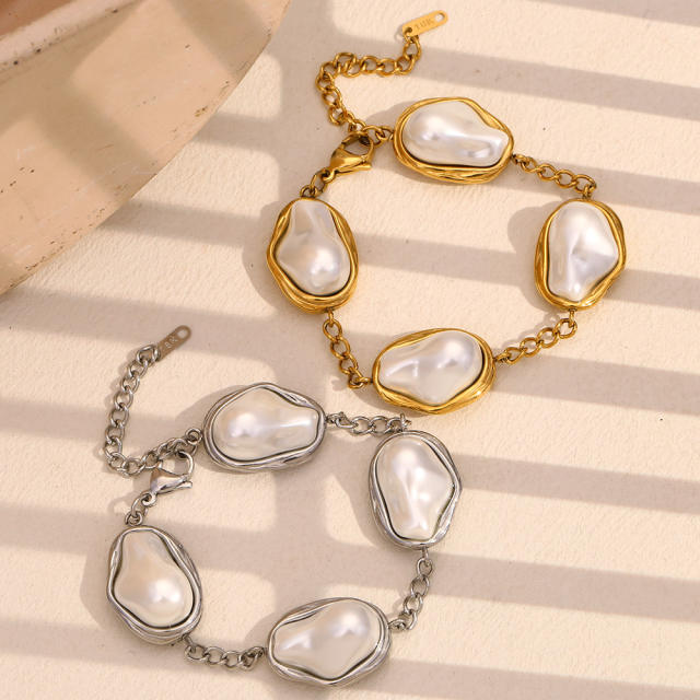 18KG baroque pearl stainless steel boho bracelet