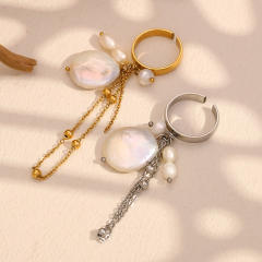 Boho baroque pearl chain tassel stainless steel finger rings