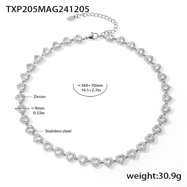 Delicate heart diamond tennis chain stainless steel necklace bracelet set